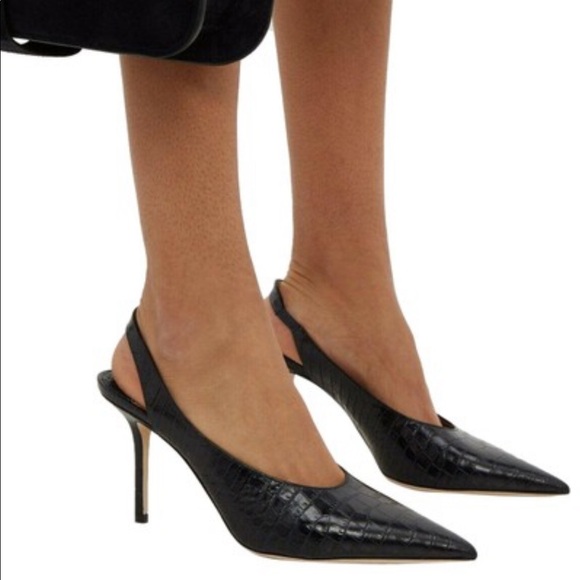 Jimmy Choo Ivy 85 Navy croc embossed leather slingback pumps NWT sz 5/35 - Picture 1 of 12